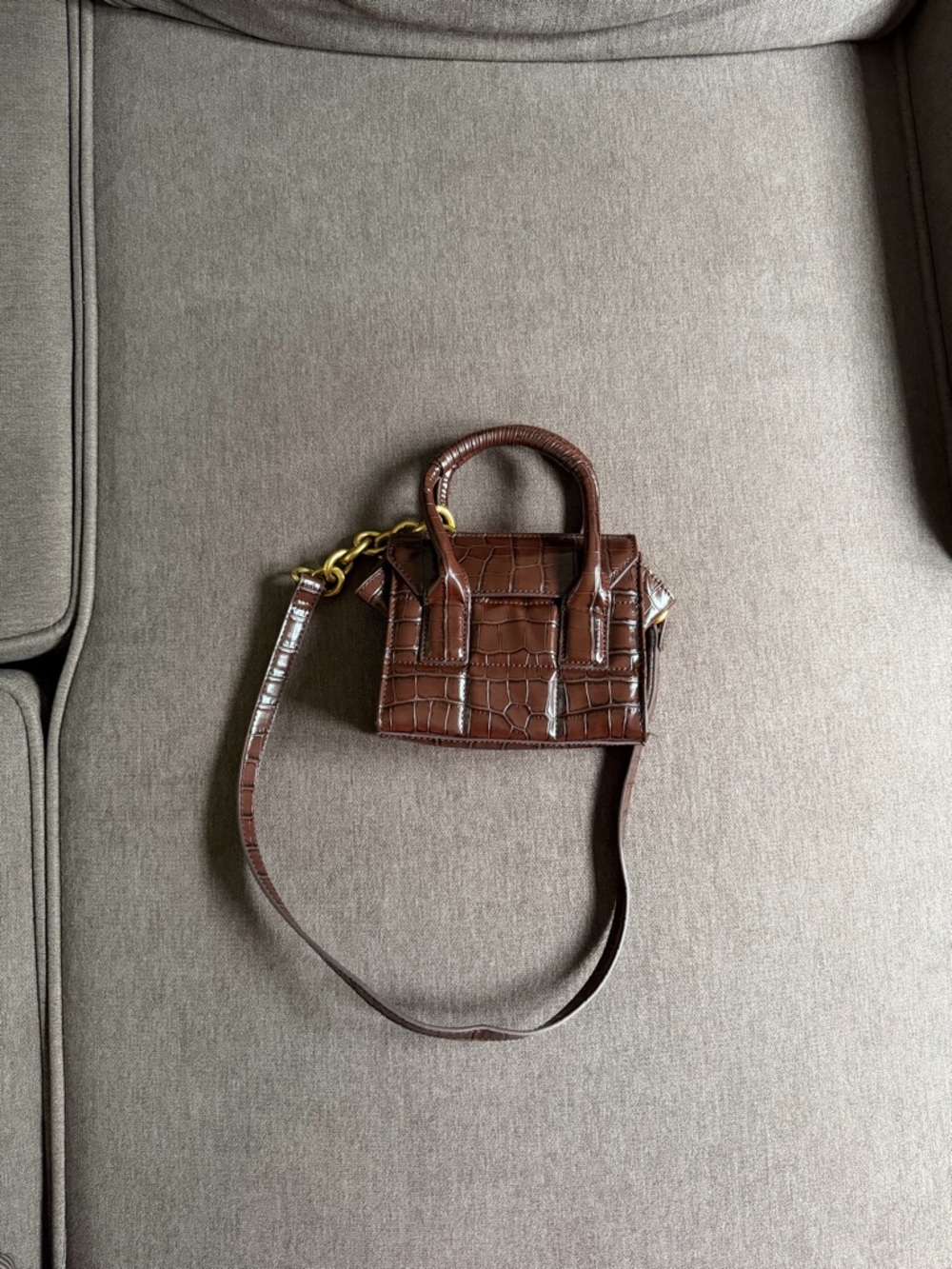 Zara Brown Croc-Embossed Mini Crossbody Bag with Gold Hardware